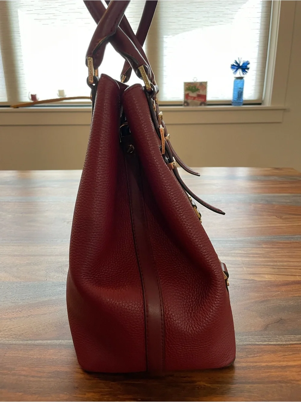 Michael Kors Burgundy Pebbled Leather Satchel with Gold Hardware